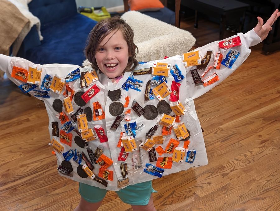 Costume covered in candy wrappers, made at home